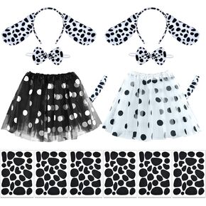 Coopay 12 Pieces Dalmatian Costume Set Spotted Dog Ear Headband, Bow Tie, Tail, Tutu Skirt and Adhesive Felt Stickers Accessories for Halloween Cosplay Costume Dress Up Party Decoration (White Tutu)