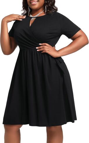 Women's Plus Size Faux Wrap V Neck Ribbed Wedding Guest Dresses for Curvy Women Casual Midi Belted A-line Dress in Saudi Arabia