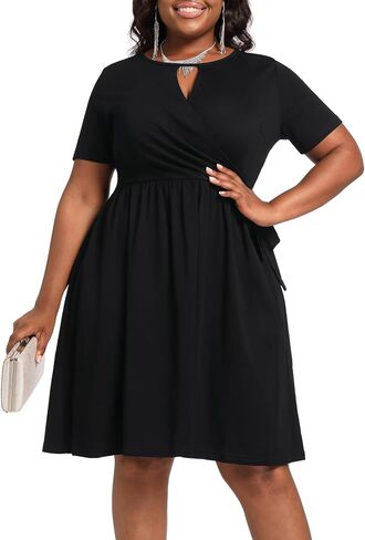 Women's Plus Size Faux Wrap V Neck Ribbed Wedding Guest Dresses for Curvy Women Casual Midi Belted A-line Dress in Saudi Arabia