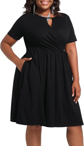 Women's Plus Size Faux Wrap V Neck Ribbed Wedding Guest Dresses for Curvy Women Casual Midi Belted A-line Dress in Saudi Arabia