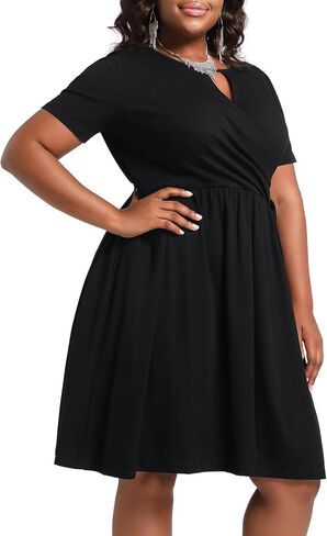 Women's Plus Size Faux Wrap V Neck Ribbed Wedding Guest Dresses for Curvy Women Casual Midi Belted A-line Dress in Saudi Arabia