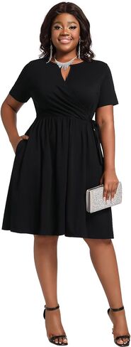 Women's Plus Size Faux Wrap V Neck Ribbed Wedding Guest Dresses for Curvy Women Casual Midi Belted A-line Dress in Saudi Arabia