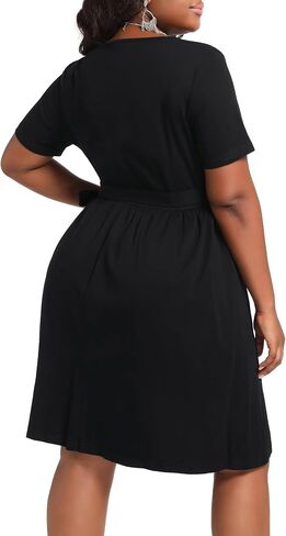 Women's Plus Size Faux Wrap V Neck Ribbed Wedding Guest Dresses for Curvy Women Casual Midi Belted A-line Dress in Saudi Arabia