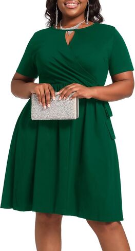 Women's Plus Size Faux Wrap V Neck Ribbed Wedding Guest Dresses for Curvy Women Casual Midi Belted A-line Dress in Saudi Arabia