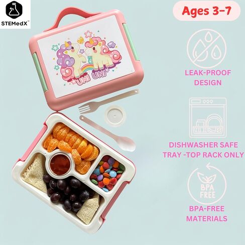 Kids Lunch Box with 4 Compartments I Unicorn Design I Leak-Proof Bento Box - Ideal Portion Sizes for Ages 3 to 7 I Durable, Dishwasher Safe, BPA-Free & Made with Food-Safe Materials (Pink) in Saudi Arabia