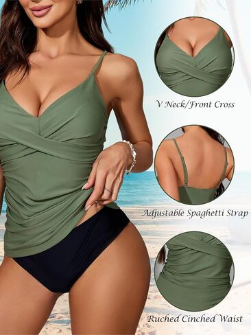 Womens Tankini Swimsuits, Two Piece Swimsuit, Spaghetti Straps Ruched Tankini Tops Stretchy Bathing Suits Swimwear in Saudi Arabia