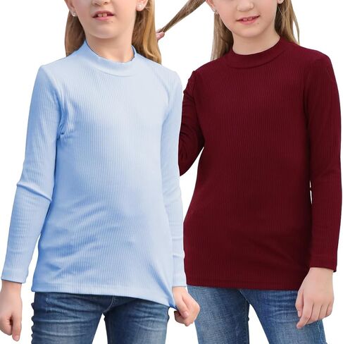 GORLYA 2 Pack Girls Turtleneck Ribbed Knit Long Sleeve Sweater T-Shirt Slim Fitted Basic Tee Tops Multipacks for 8-16Y in Saudi Arabia