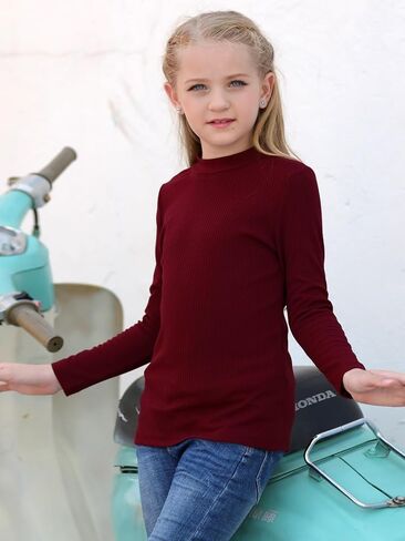 GORLYA 2 Pack Girls Turtleneck Ribbed Knit Long Sleeve Sweater T-Shirt Slim Fitted Basic Tee Tops Multipacks for 8-16Y in Saudi Arabia