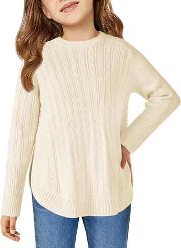 Haloumoning Girls Oversized Sweater Kids Fashion Batwing Sleeve Cable Knit Sweaters with Side Slit 5-14 Years in Saudi Arabia