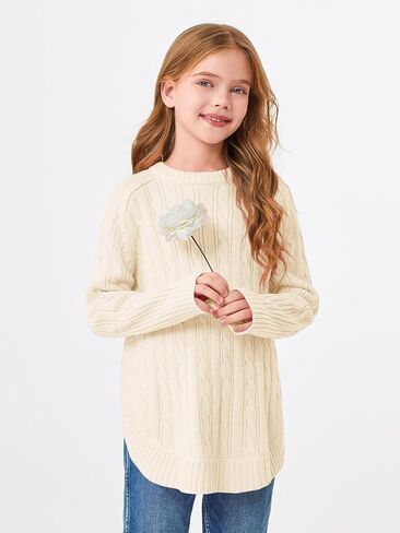 Haloumoning Girls Oversized Sweater Kids Fashion Batwing Sleeve Cable Knit Sweaters with Side Slit 5-14 Years in Saudi Arabia