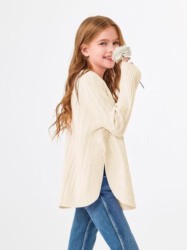 Haloumoning Girls Oversized Sweater Kids Fashion Batwing Sleeve Cable Knit Sweaters with Side Slit 5-14 Years in Saudi Arabia