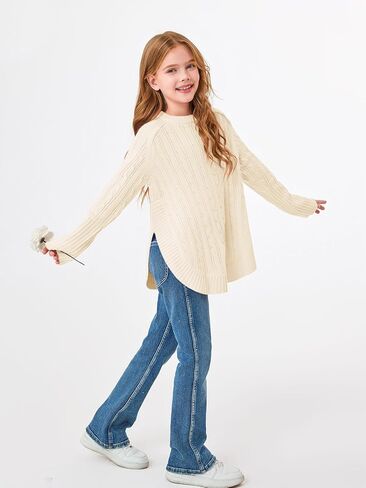 Haloumoning Girls Oversized Sweater Kids Fashion Batwing Sleeve Cable Knit Sweaters with Side Slit 5-14 Years in Saudi Arabia