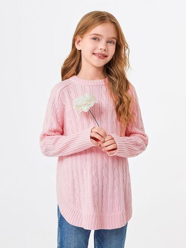 Haloumoning Girls Oversized Sweater Kids Fashion Batwing Sleeve Cable Knit Sweaters with Side Slit 5-14 Years in Saudi Arabia