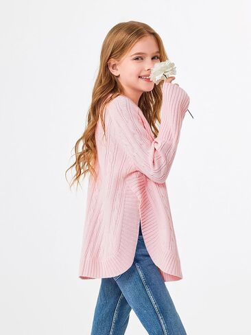 Haloumoning Girls Oversized Sweater Kids Fashion Batwing Sleeve Cable Knit Sweaters with Side Slit 5-14 Years in Saudi Arabia