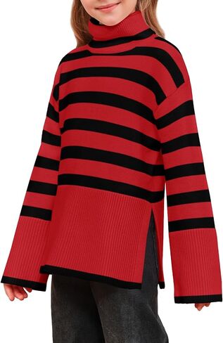 Meikulo سترات مخططة للفتيات للأطفال بياقة مدورة كبيرة الحجم وأكمام طويلة بلوفر منسوج مع فتحة جانبية in Kuwait