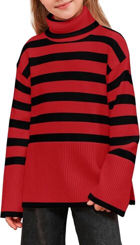 Meikulo سترات مخططة للفتيات للأطفال بياقة مدورة كبيرة الحجم وأكمام طويلة بلوفر منسوج مع فتحة جانبية in Kuwait