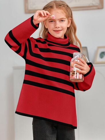 Meikulo سترات مخططة للفتيات للأطفال بياقة مدورة كبيرة الحجم وأكمام طويلة بلوفر منسوج مع فتحة جانبية in Kuwait