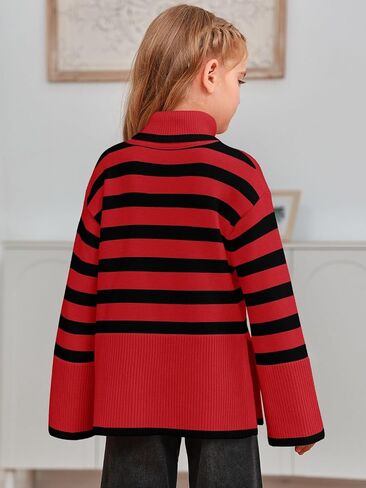 Meikulo سترات مخططة للفتيات للأطفال بياقة مدورة كبيرة الحجم وأكمام طويلة بلوفر منسوج مع فتحة جانبية in Kuwait