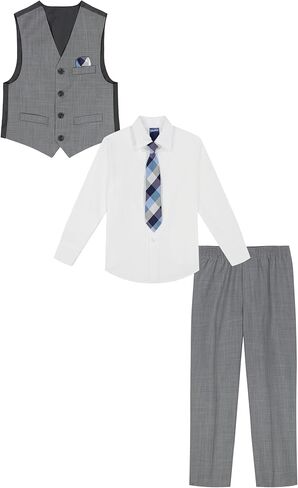 Nautica Boys' 4-Piece Formal Suit Set, Vest, Pants, Collared Dress Shirt, and Tie, Light Grey Deco Sharkskin in Saudi Arabia
