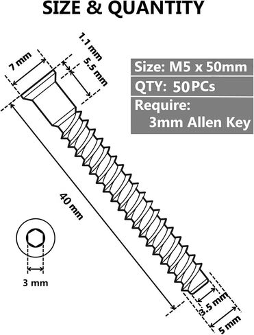 Confirmat Screws, 20 PCs M5 x 40mm, Hex Socket Drive Countersunk Self-Tapping Furniture Connecting Screw Set Carbon Steel Zinc Plated in Saudi Arabia