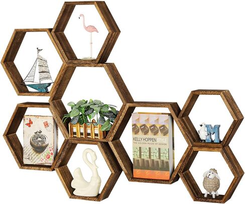 YBING Hexagon Floating Shelves Wall Mounted Set of 8 Wooden Hexagonal Shelves for Wall Storage Honeycomb Shelves for Bedroom Living Room Office Wall Decor, White in Kuwait