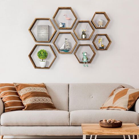 YBING Hexagon Floating Shelves Wall Mounted Set of 8 Wooden Hexagonal Shelves for Wall Storage Honeycomb Shelves for Bedroom Living Room Office Wall Decor, White in Kuwait