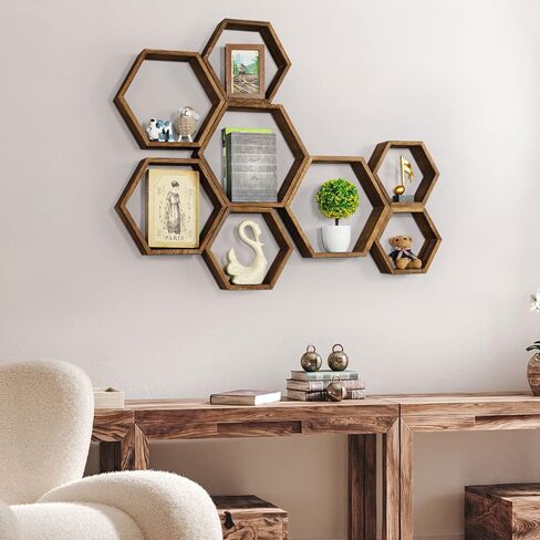 YBING Hexagon Floating Shelves Wall Mounted Set of 8 Wooden Hexagonal Shelves for Wall Storage Honeycomb Shelves for Bedroom Living Room Office Wall Decor, White in Kuwait