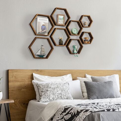 YBING Hexagon Floating Shelves Wall Mounted Set of 8 Wooden Hexagonal Shelves for Wall Storage Honeycomb Shelves for Bedroom Living Room Office Wall Decor, White in Kuwait