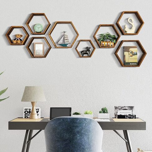 YBING Hexagon Floating Shelves Wall Mounted Set of 8 Wooden Hexagonal Shelves for Wall Storage Honeycomb Shelves for Bedroom Living Room Office Wall Decor, White in Kuwait