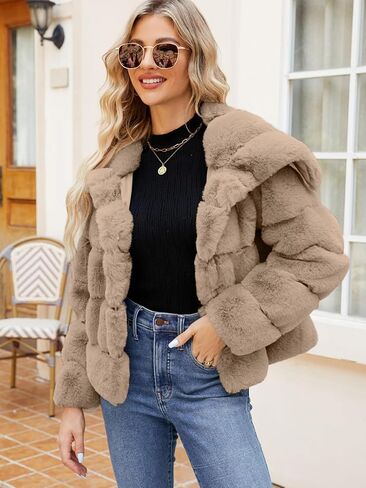 Simplee Apparel Womens Faux Fur Coat Fleece Cropped Jacket Long Sleeve Fur Coats Warm Winter Jackets 2024 with Pockets in Kuwait