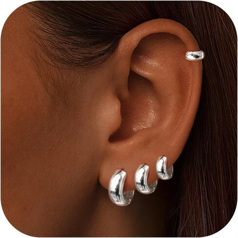 Small Silver Chunky Hoop Earrings Set for Women, Sterling Silver Huggie Earrings for Women Trendy, Hypoallergenic Cartilage Silver Hoop Earrings Set for Mulpitle Piercing Stack Jewelry in Kuwait