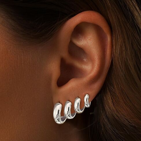 Small Silver Chunky Hoop Earrings Set for Women, Sterling Silver Huggie Earrings for Women Trendy, Hypoallergenic Cartilage Silver Hoop Earrings Set for Mulpitle Piercing Stack Jewelry in Kuwait