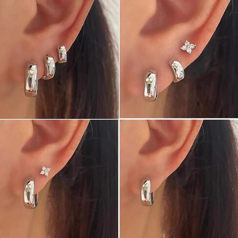 Small Silver Chunky Hoop Earrings Set for Women, Sterling Silver Huggie Earrings for Women Trendy, Hypoallergenic Cartilage Silver Hoop Earrings Set for Mulpitle Piercing Stack Jewelry in Kuwait
