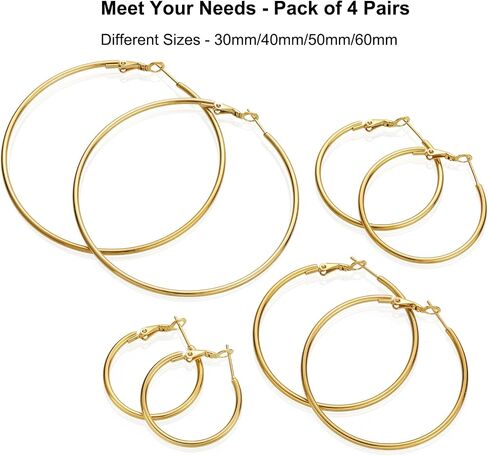 Gold Hoop Earrings for Women - 14K Gold Plated Hypoallergenic Stainless Steel Gold Earrings Set, Lightweight Large Small Gold Hoops Jewelry, 4 Pairs in Kuwait