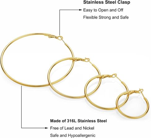 Gold Hoop Earrings for Women - 14K Gold Plated Hypoallergenic Stainless Steel Gold Earrings Set, Lightweight Large Small Gold Hoops Jewelry, 4 Pairs in Kuwait