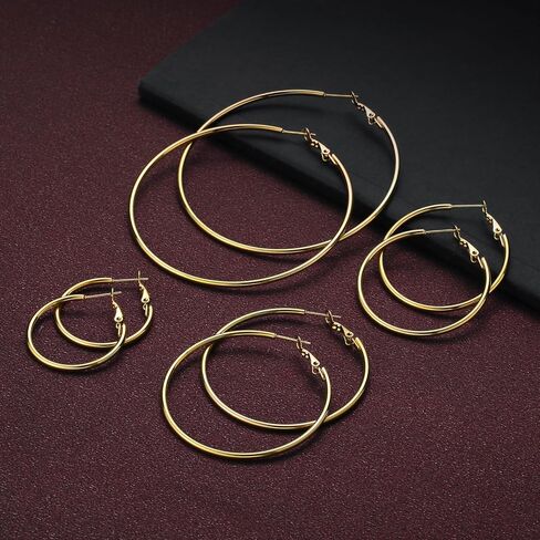Gold Hoop Earrings for Women - 14K Gold Plated Hypoallergenic Stainless Steel Gold Earrings Set, Lightweight Large Small Gold Hoops Jewelry, 4 Pairs in Kuwait