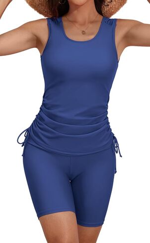 ملابس سباحة B2prity Tankini للنساء للتحكم في البطن قطعتين ثوب سباحة بدون أكمام مع شورت ملابس سباحة برباط جانبي in Kuwait