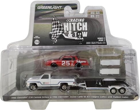 Collectibles Greenlight 31170-B Racing Hitch & Tow Series 5 1986 Chevy C30 Custom Deluxe and 1986 Tim Richmond Monte Carlo SS #25 with Flatbed Trailer 1/64 Scale in Saudi Arabia