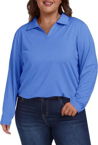 MoFiz Women's Plus Size Golf Long Sleeve Polo Shirts V Neck Workout Casual Loose Fit Tops XL-5XL in Saudi Arabia