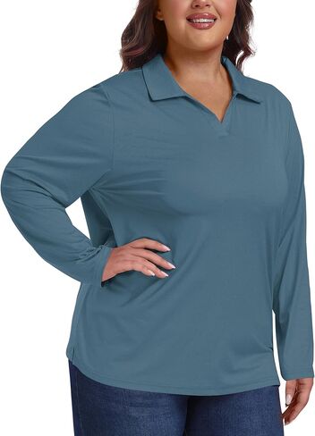 MoFiz Women's Plus Size Golf Long Sleeve Polo Shirts V Neck Workout Casual Loose Fit Tops XL-5XL in Kuwait