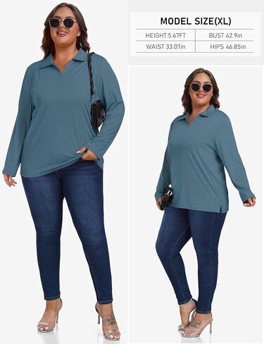 MoFiz Women's Plus Size Golf Long Sleeve Polo Shirts V Neck Workout Casual Loose Fit Tops XL-5XL in Kuwait