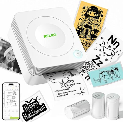 Nelko Sticker Printer, PM230 Mini Printer Bluetooth Portable Sticker Maker with 3 Rolls Paper, for DIY Creation, Study Notes, Pictures, Receipts, List, Multiple Templates for Phone & Tablet, White in Kuwait