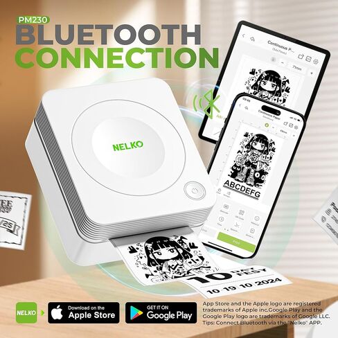 Nelko Sticker Printer, PM230 Mini Printer Bluetooth Portable Sticker Maker with 3 Rolls Paper, for DIY Creation, Study Notes, Pictures, Receipts, List, Multiple Templates for Phone & Tablet, White in Kuwait