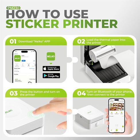 Nelko Sticker Printer, PM230 Mini Printer Bluetooth Portable Sticker Maker with 3 Rolls Paper, for DIY Creation, Study Notes, Pictures, Receipts, List, Multiple Templates for Phone & Tablet, White in Kuwait