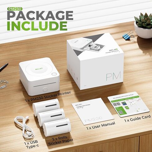 Nelko Sticker Printer, PM230 Mini Printer Bluetooth Portable Sticker Maker with 3 Rolls Paper, for DIY Creation, Study Notes, Pictures, Receipts, List, Multiple Templates for Phone & Tablet, White in Kuwait