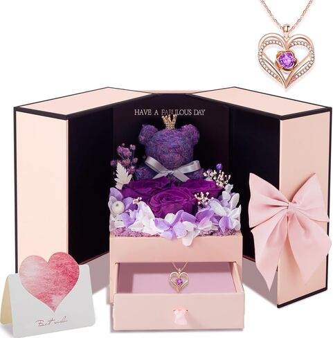 Preserved Real Red Rose Gift, Forever Flowers with Rose Necklace for Mom Grandma Wife Girlfriend, Eternal Rose Box Birthday Gifts for Women in Saudi Arabia