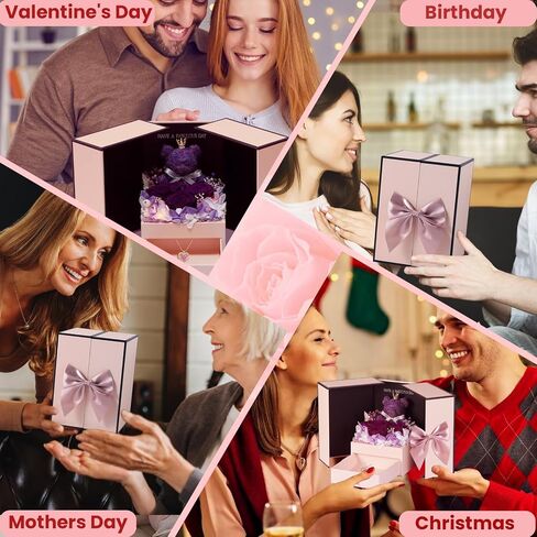 Preserved Real Red Rose Gift, Forever Flowers with Rose Necklace for Mom Grandma Wife Girlfriend, Eternal Rose Box Birthday Gifts for Women in Saudi Arabia