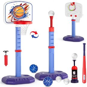 4 in 1 Toddler Kids Basketball Hoop, T Ball Set and Ring Toss Game, Adjustable Height Up to 55", Baseball Tee with Automatic Pitching Machine, Indoor Outdoor Sport Toy Gift for Boy Girl Age 3-10, Blue