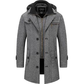 Chrisuno Men's Classic Long Pea Coat Warm Wool Blend Winter Trench Coat Single Breasted Overcoat with Detachable Collar