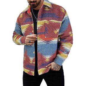 Men's Casual Aztec Print Cotton Button Down Jacket Long Sleeve Overshirt Turndown Collar Western Shacket Coat